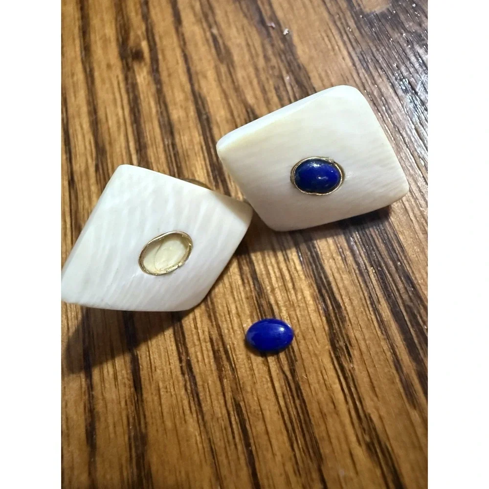 Mother Of Pearl Or Bone Lapis Lazuli Cabochons Earrings 14 K Gold Marked 14KH